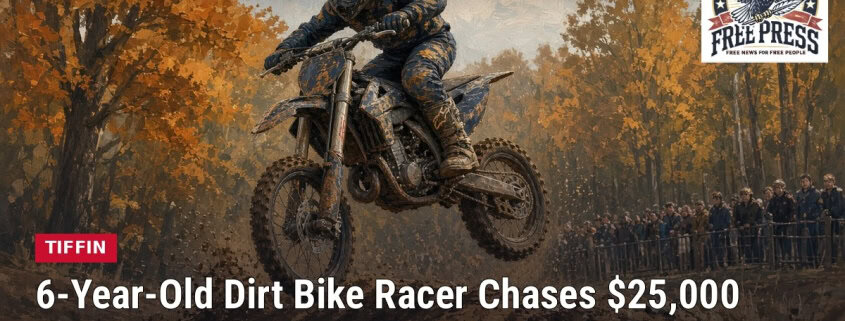 Fostoria News Young dirt bike rider in mid-air during race in autumn setting.